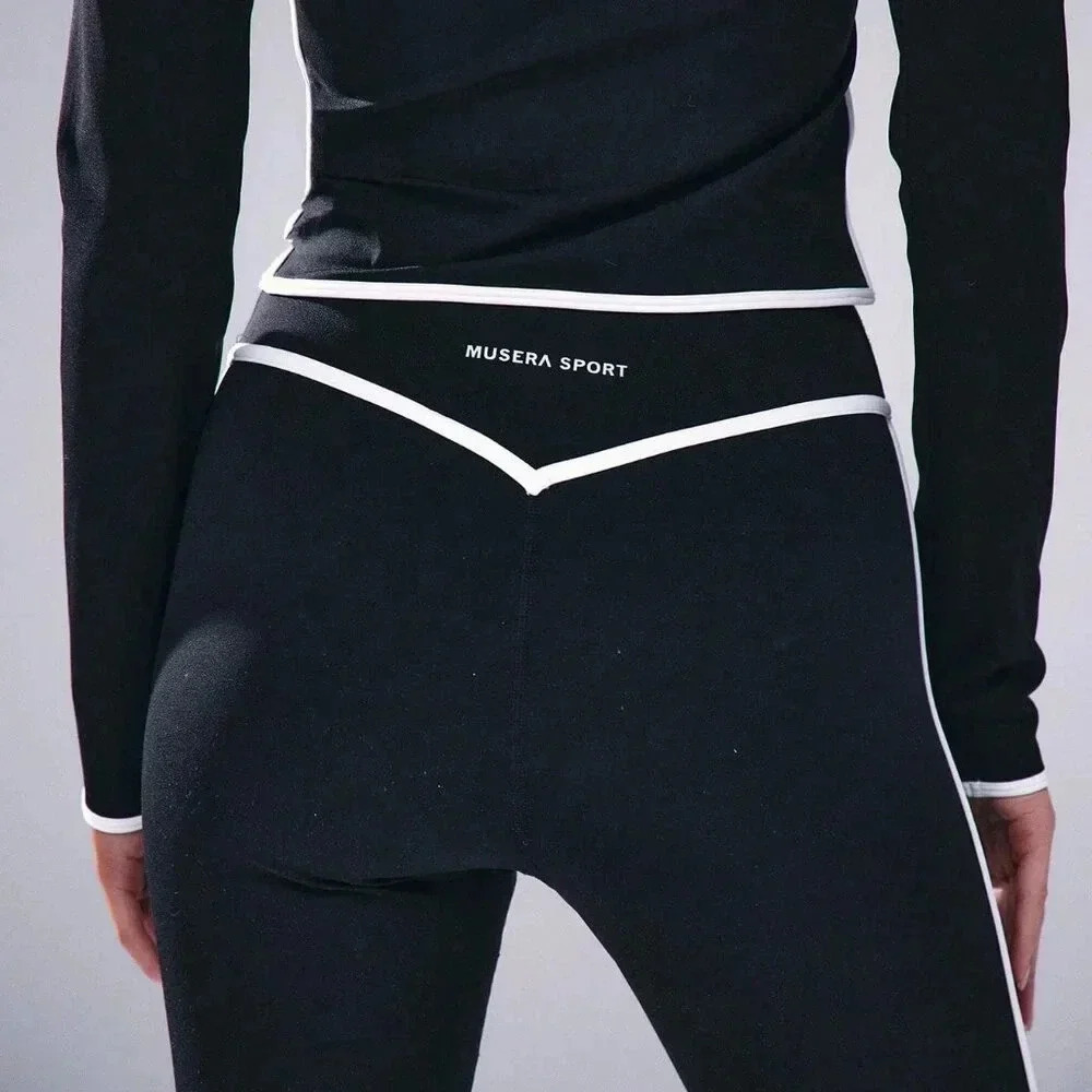 Black And White Women's Contrast Piping High Waist Leggings - Picture 5 of 5